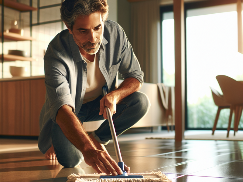 Person cleaning porcelain tile floor